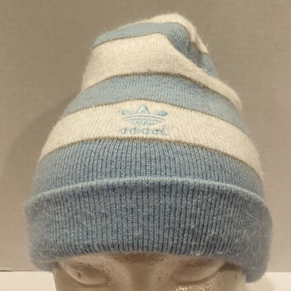Vintage Adidas Blue White Striped Beanie Toboggan Hat Knit